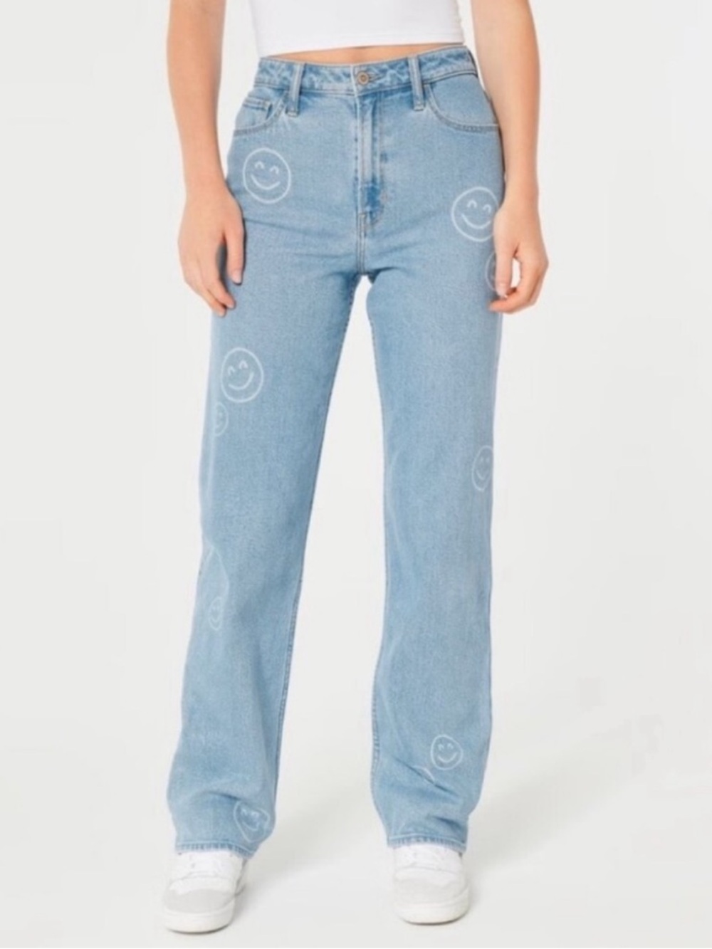 Hollister Ultra High Rise Medium Wash Smiley Print Dad Jeans size 14R (w32R)